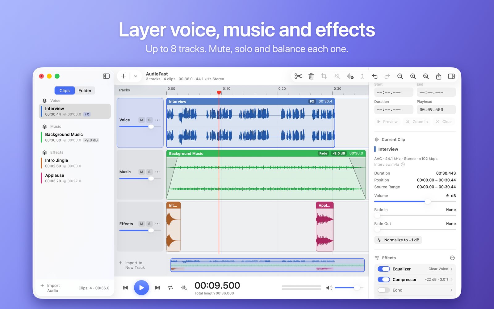 AudioFast main window with voice, music and effects layered on three tracks