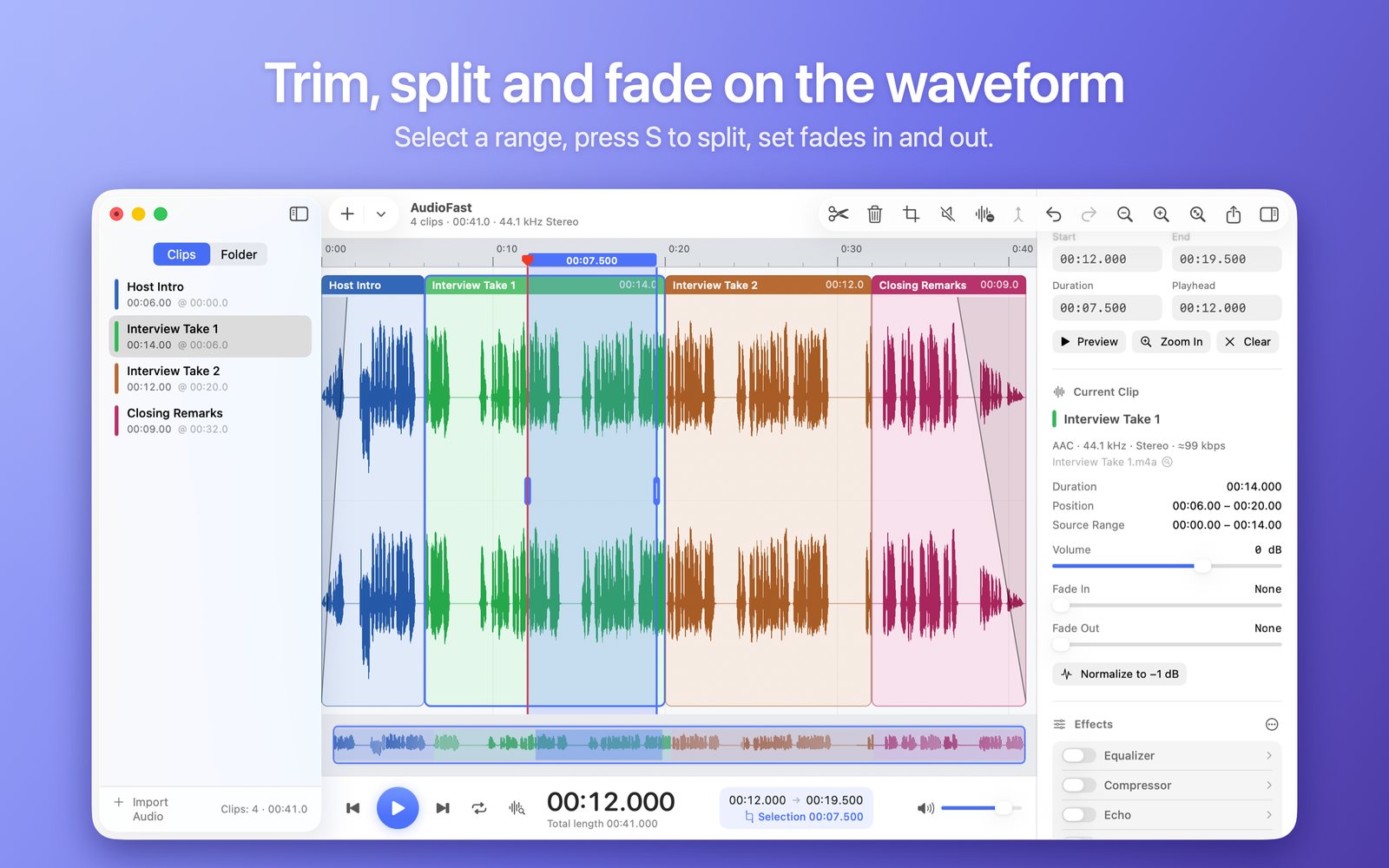 Select, split and fade on the waveform